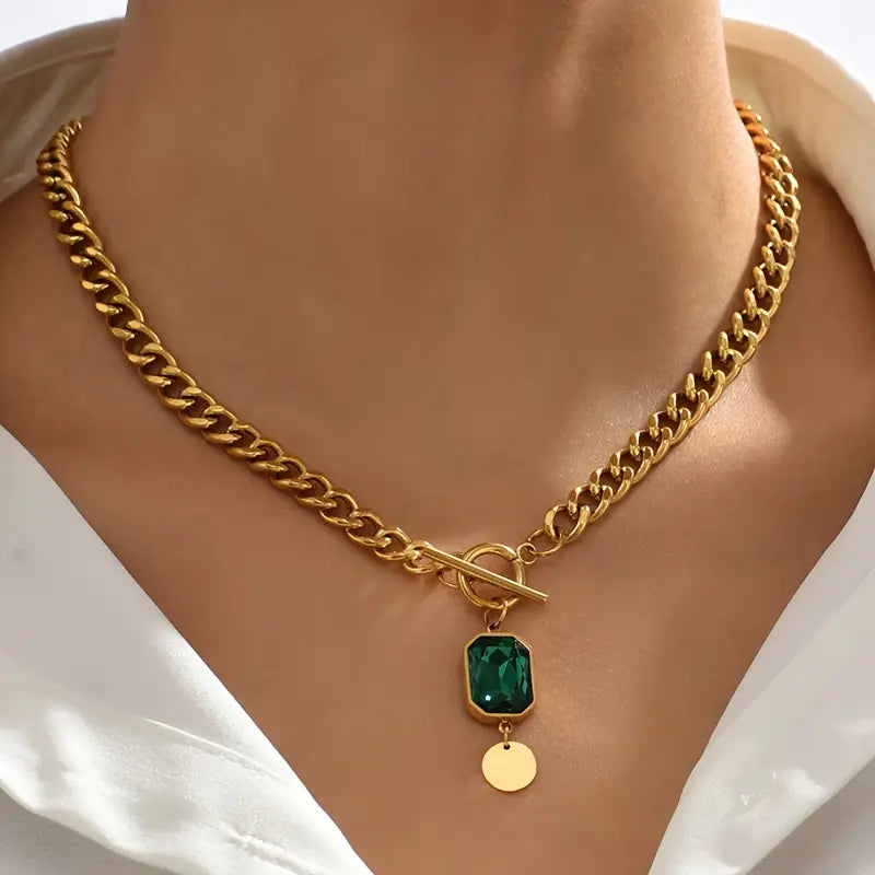 Chunky Chain Emerald Pendant Necklace | Gold