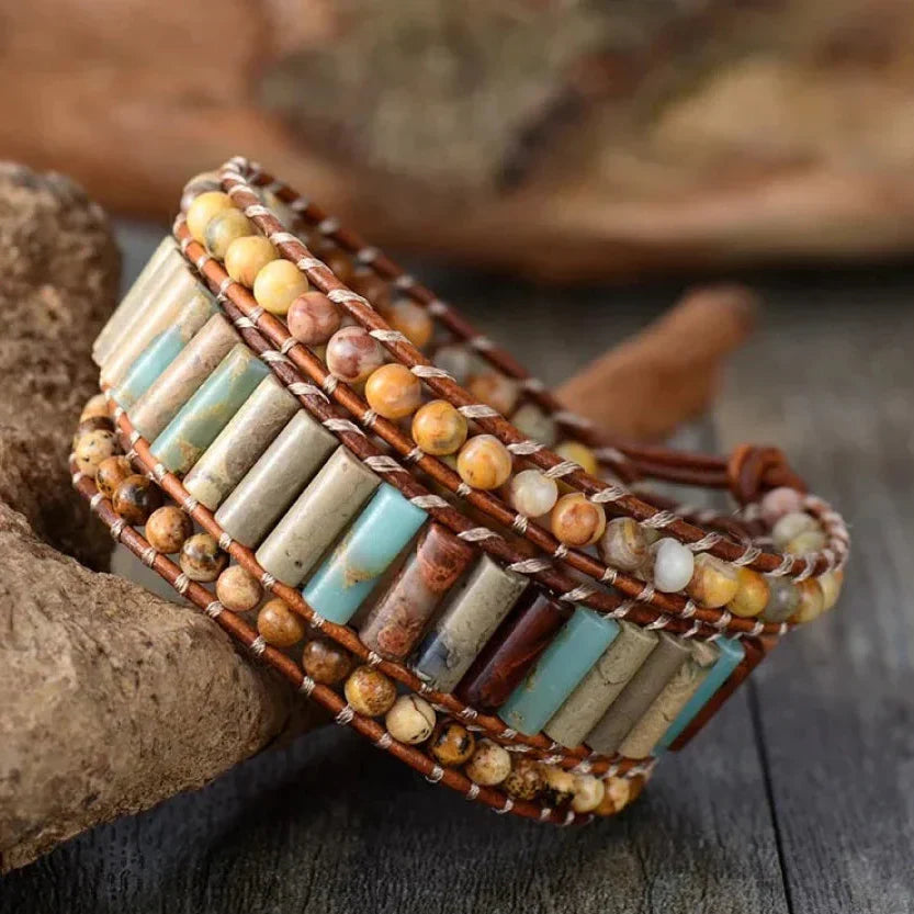 Natural Jasper & Sunflower Charm Leather Wrap Bracelet™
