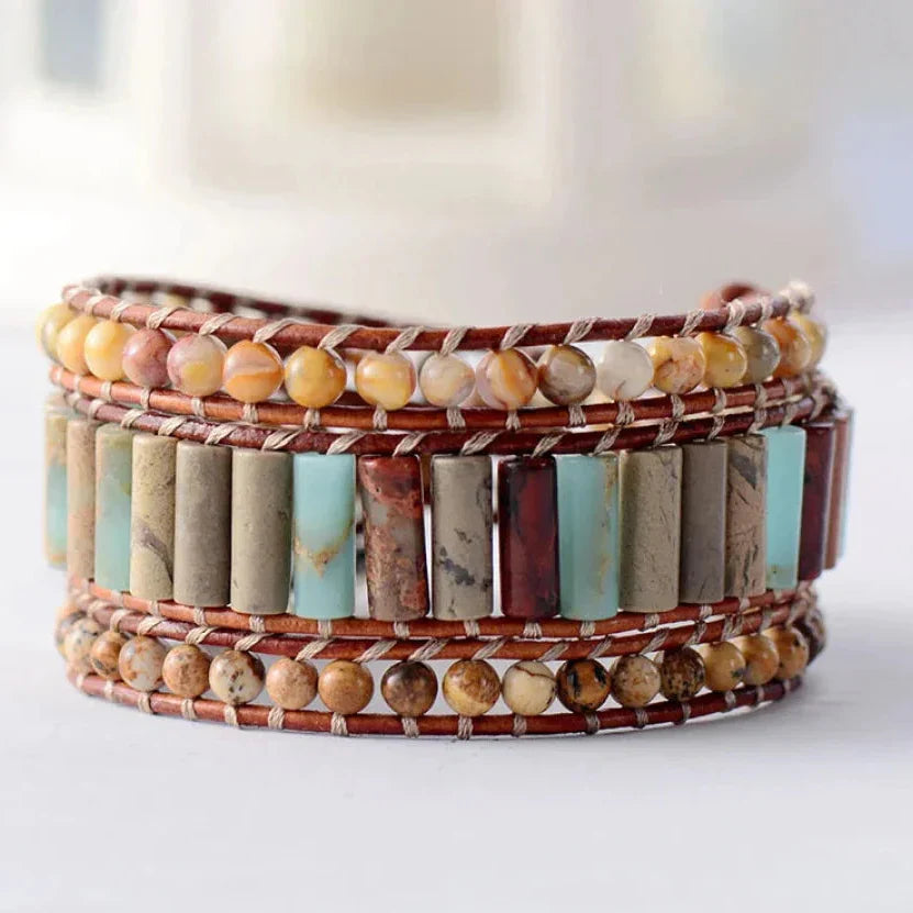 Natural Jasper & Sunflower Charm Leather Wrap Bracelet™