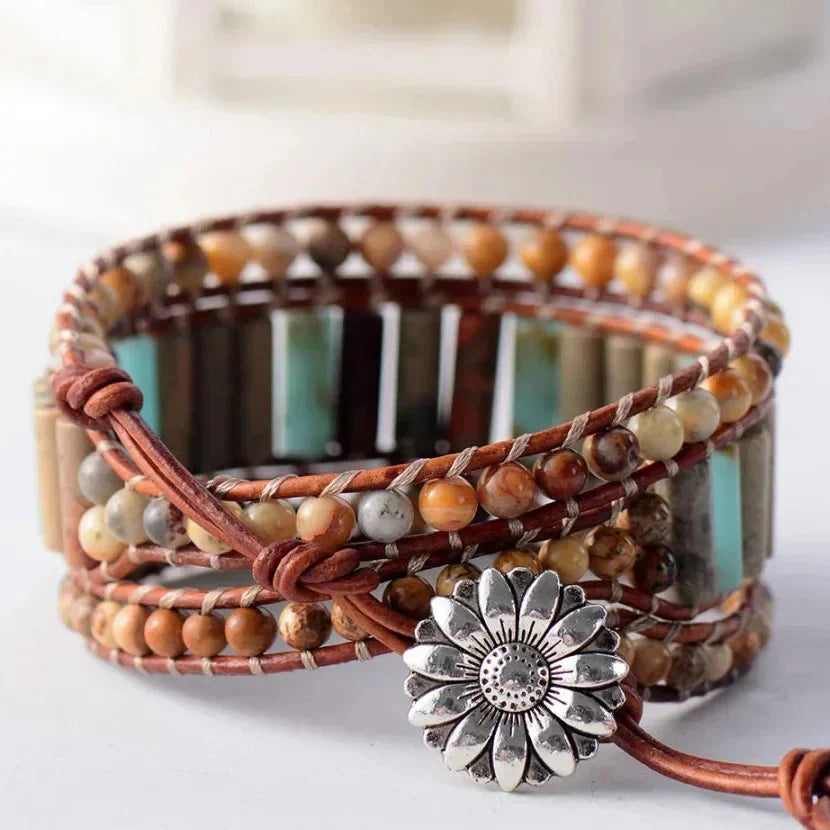 Natural Jasper & Sunflower Charm Leather Wrap Bracelet™