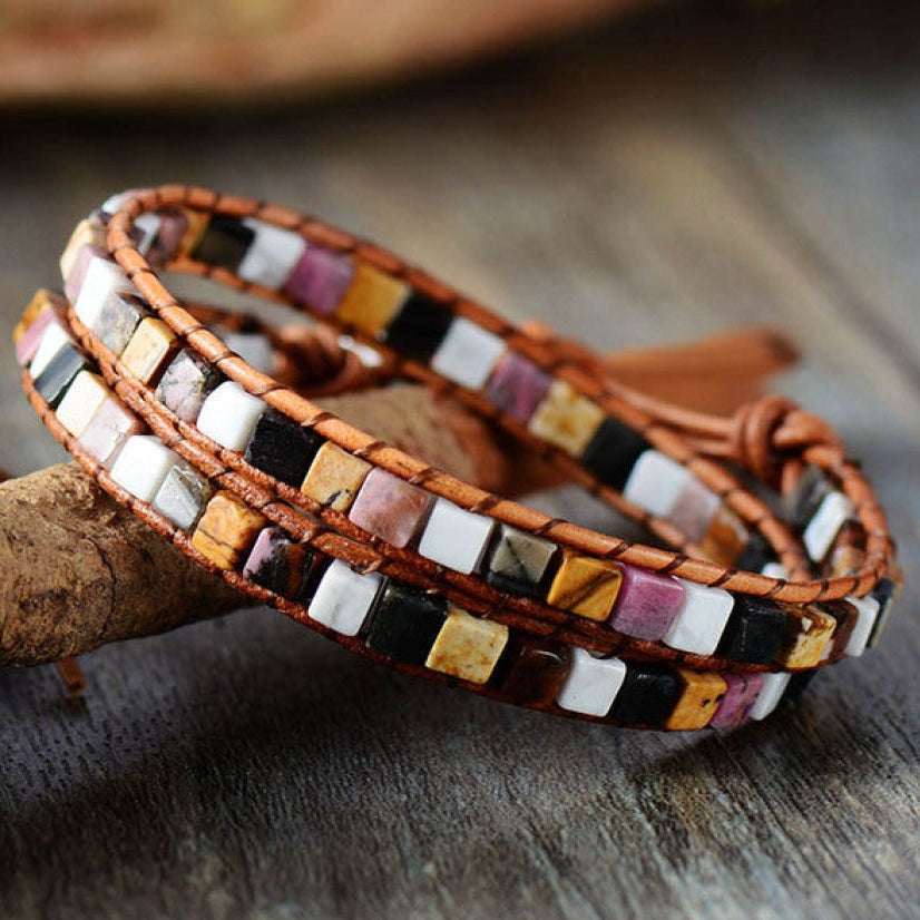 Natural Jasper Semi-Precious Stone Two Layer Leather Bracelet™ - 6 Colours