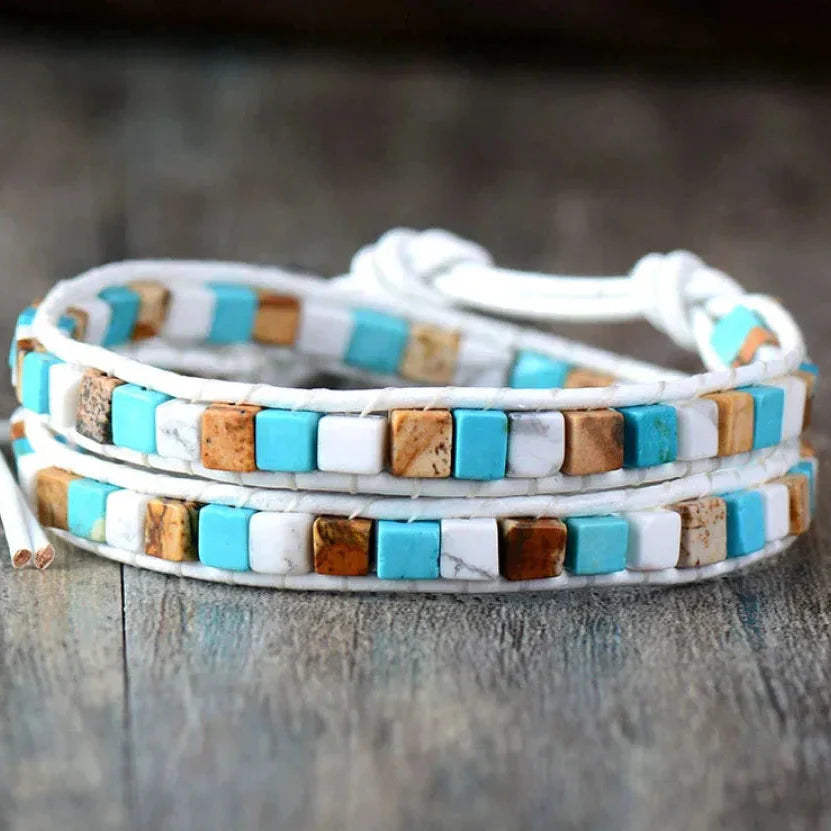 Natural Jasper Semi-Precious Stone Two Layer Leather Bracelet™ - 6 Colours