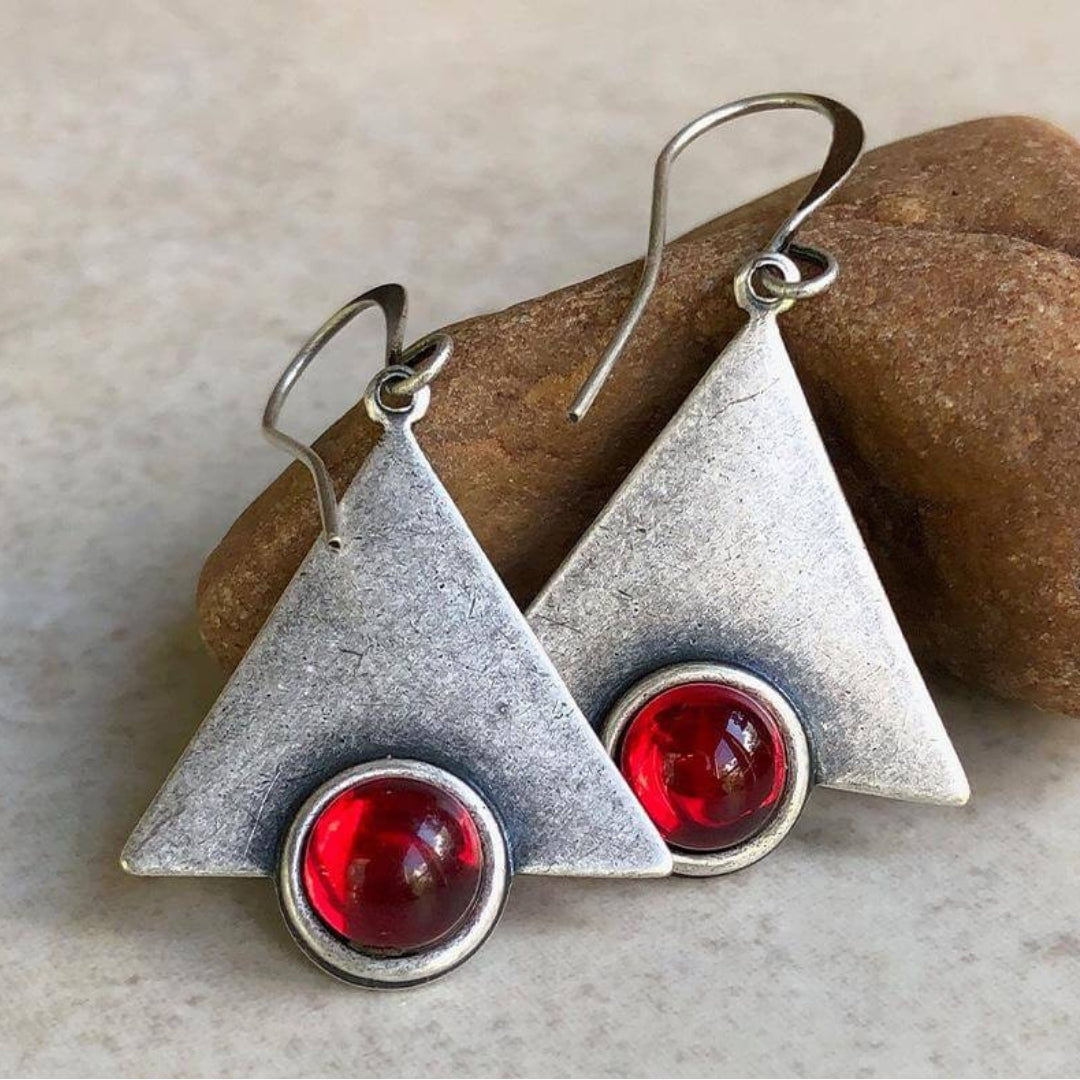 Boho Triangle Earrings with Red Stone