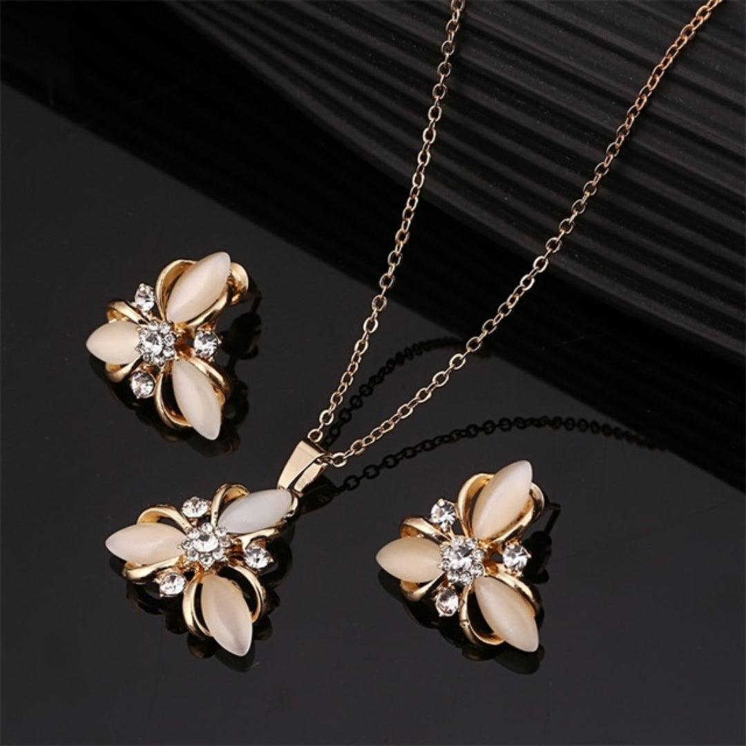 Opal and Zirconia Floral Necklace +  Set in Gold