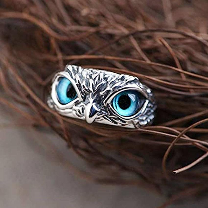 Owl of Good Luck Silver Blue Adjustable Ring