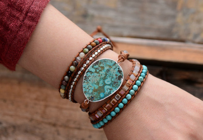 Handmade Natural Ocean Jasper Leather Wrap Bracelet™