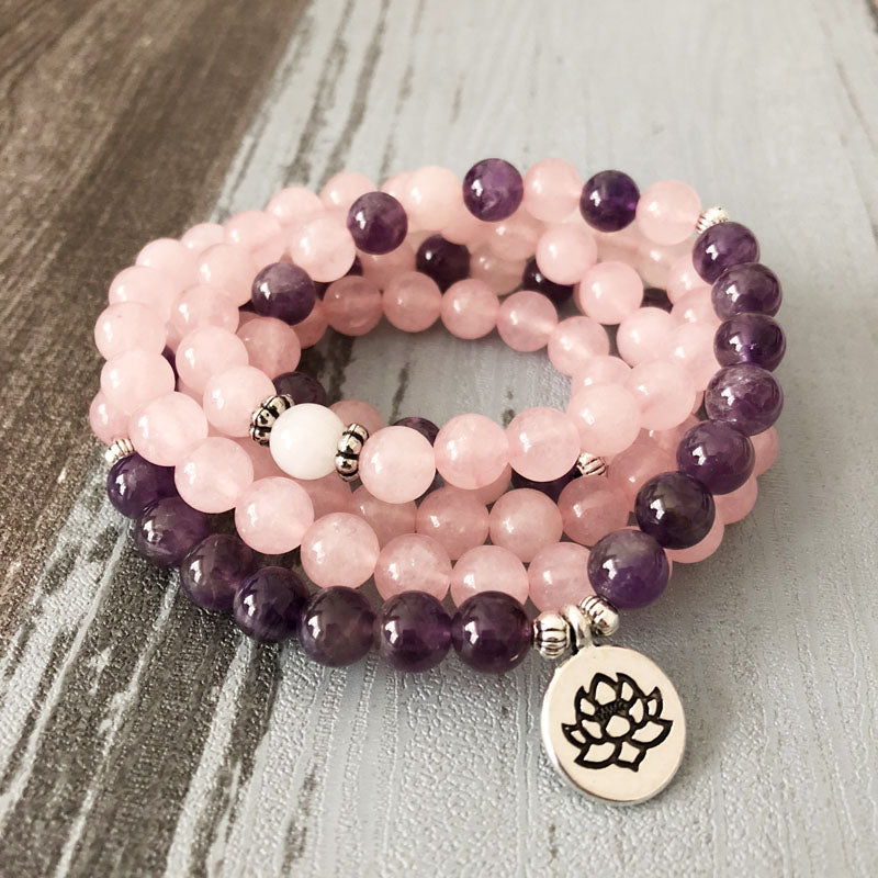 108 Natural Rose Quartz & Amethyst Mala Beads™