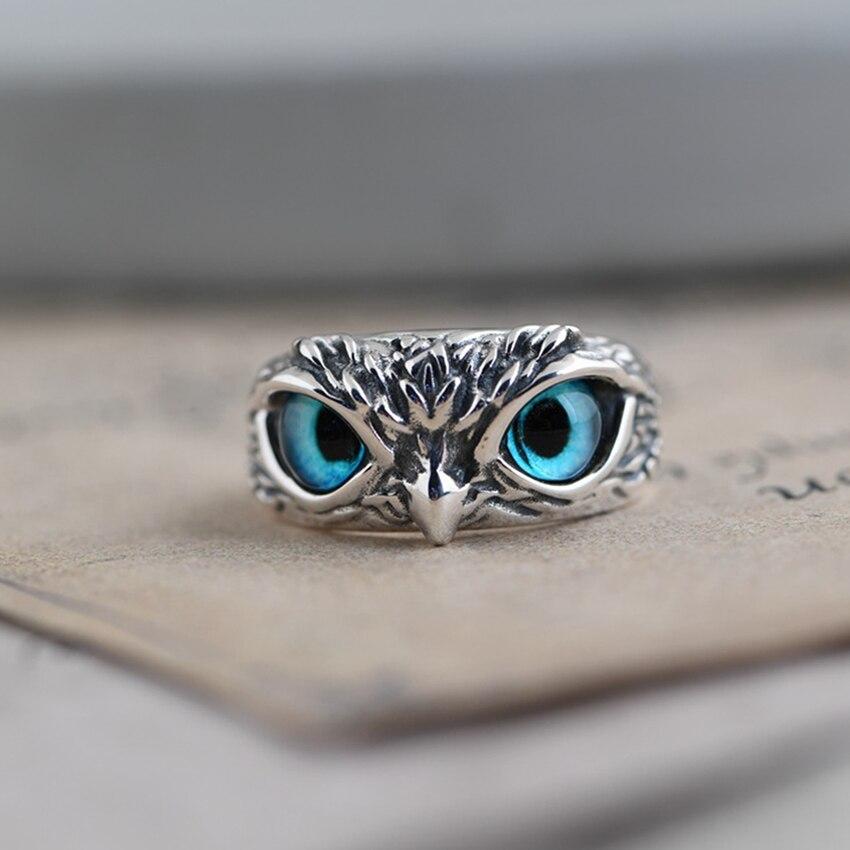 Owl of Good Luck Silver Blue Adjustable Ring