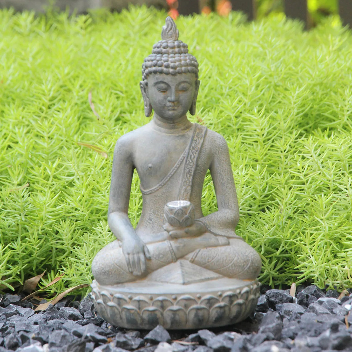 Zen Inspired Solar Buddha Statue With Light Resin Decor
