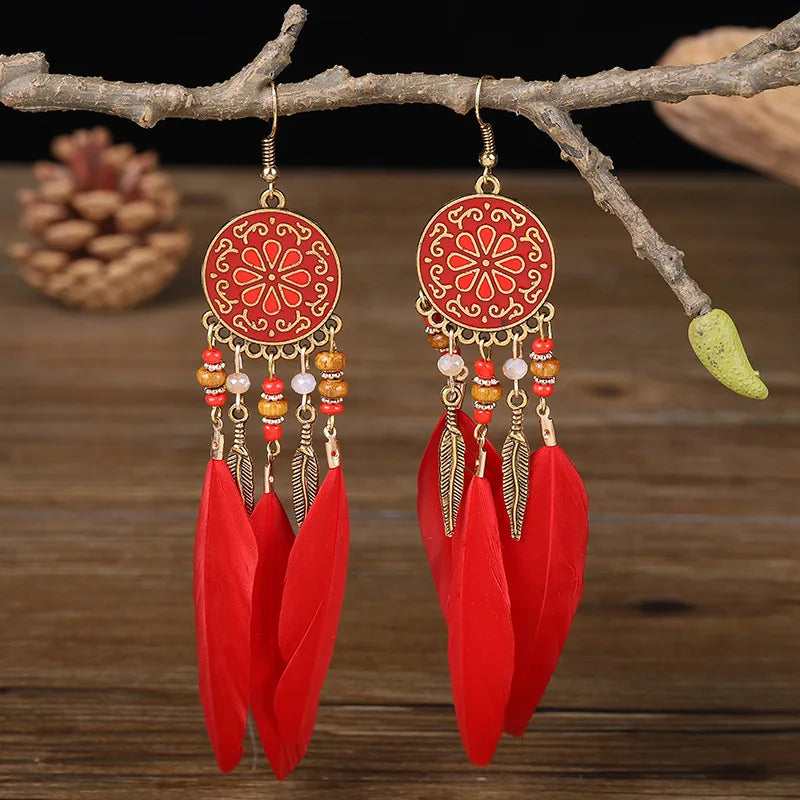Boho Long Feather Dangle Earrings For Women Beach Beads