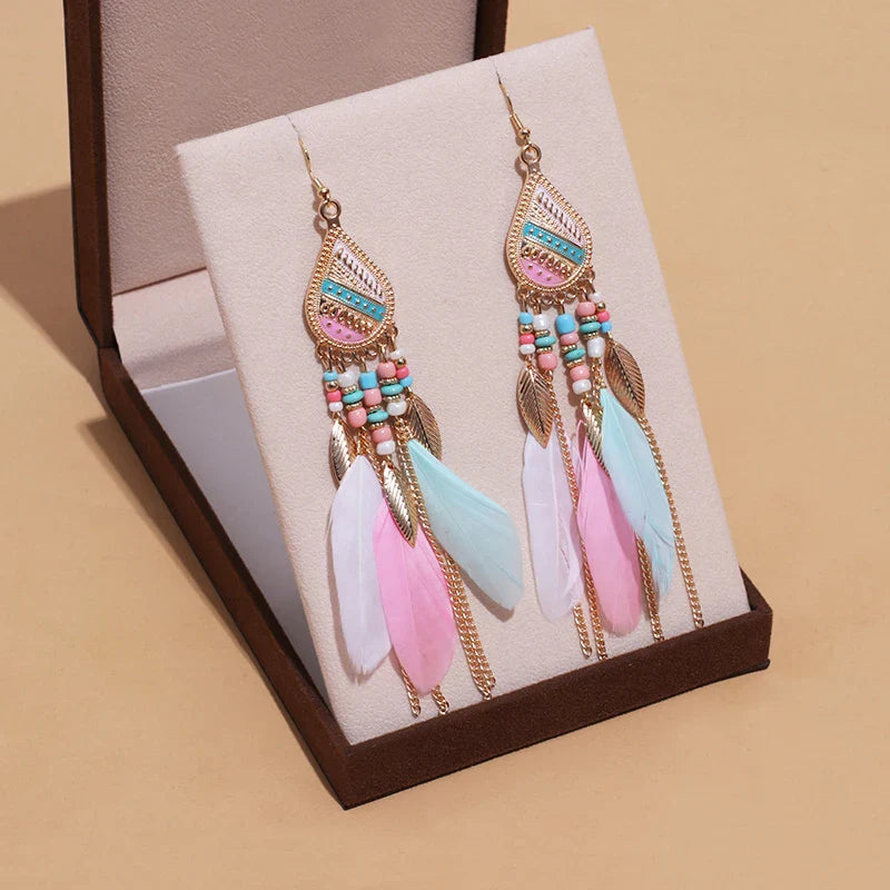 Boho Long Feather Dangle Earrings For Women Beach Beads