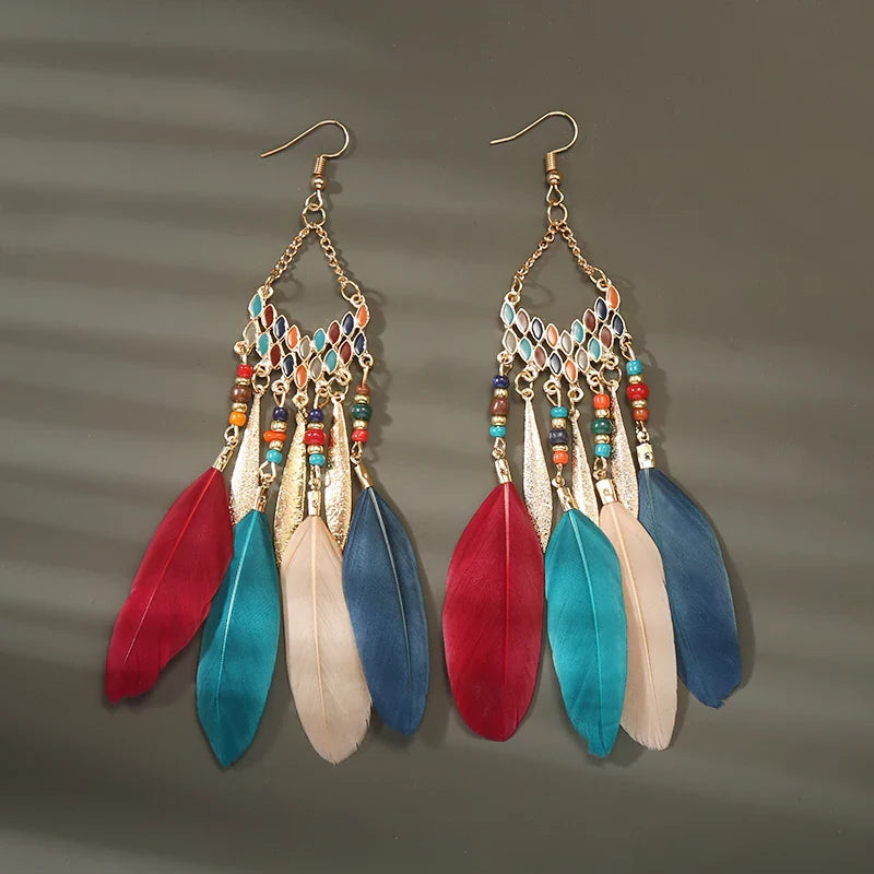 Boho Long Feather Dangle Earrings For Women Beach Beads