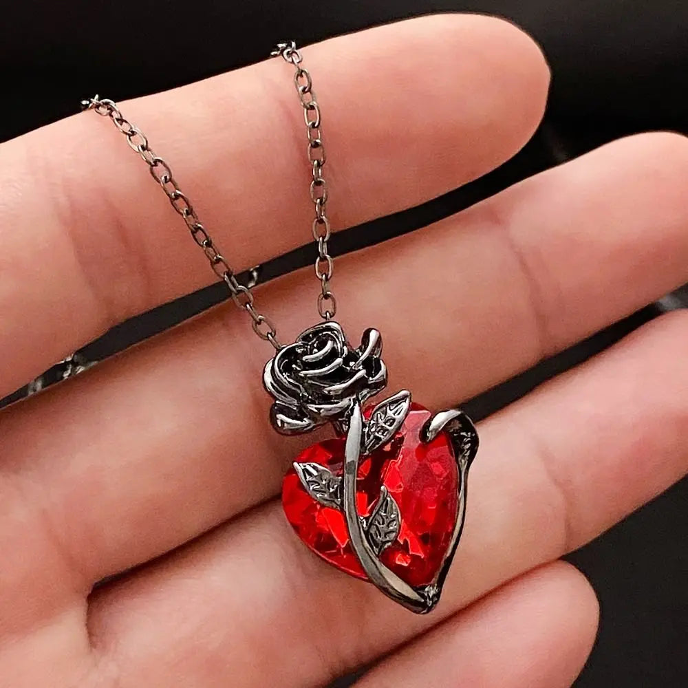 Gothic Rose Red Love Necklace Y2K Grunge Heart Pendant