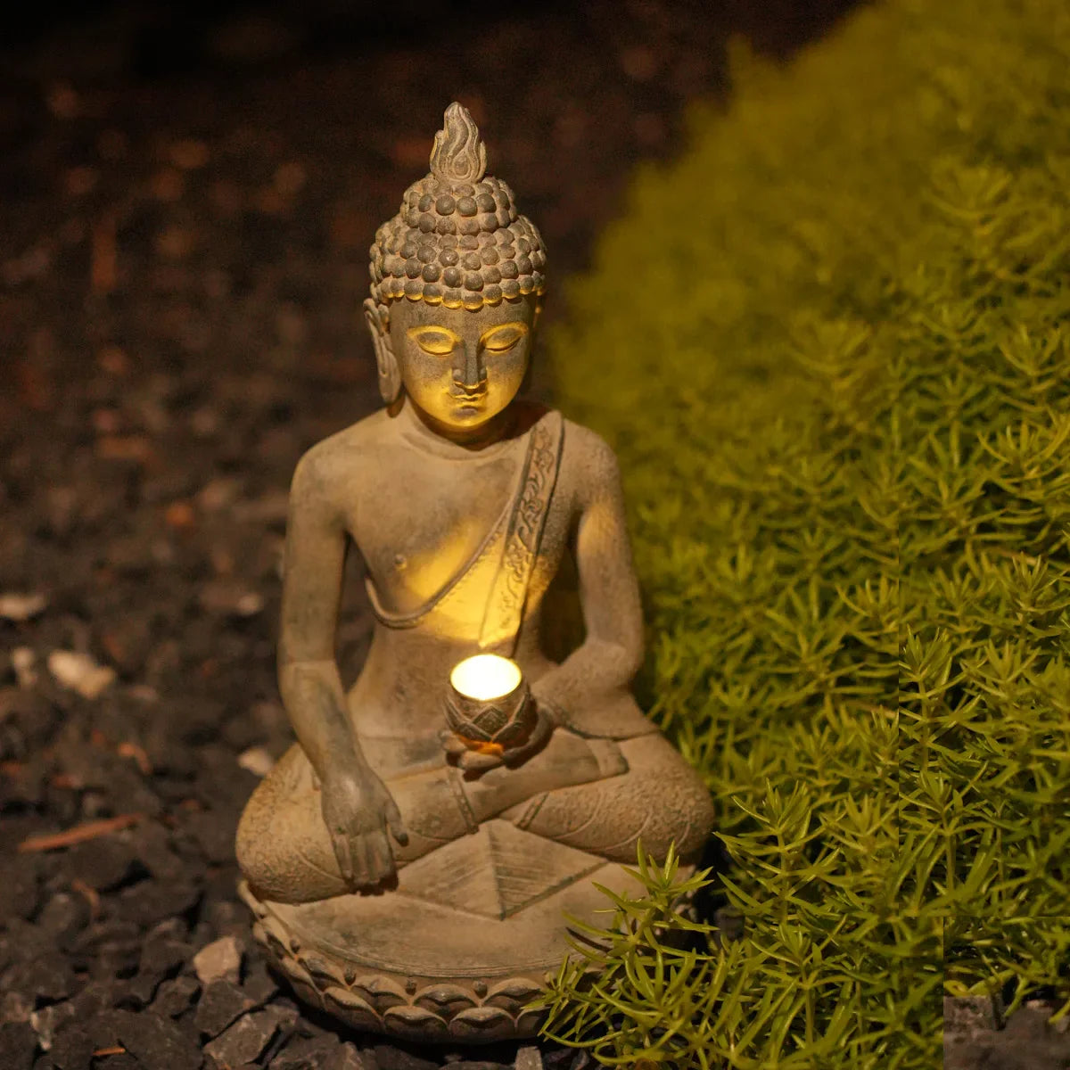 Zen Inspired Solar Buddha Statue With Light Resin Decor