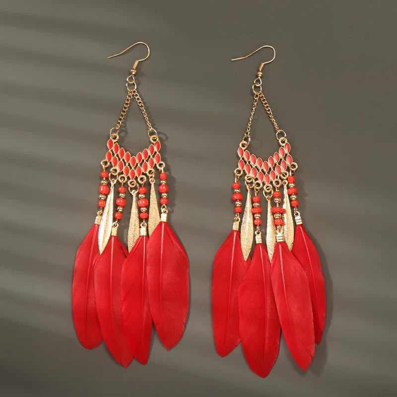 Boho Long Feather Dangle Earrings For Women Beach Beads