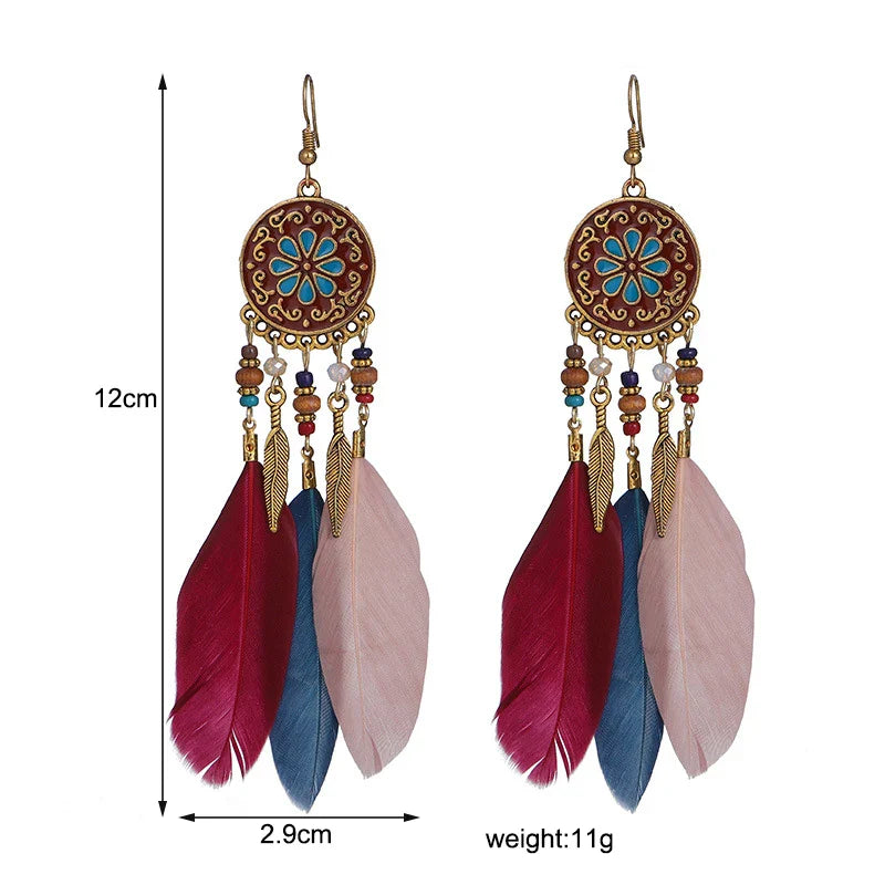 Boho Long Feather Dangle Earrings For Women Beach Beads