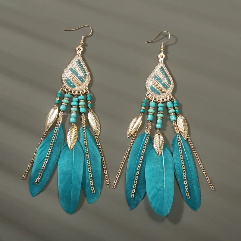 Boho Long Feather Dangle Earrings For Women Beach Beads