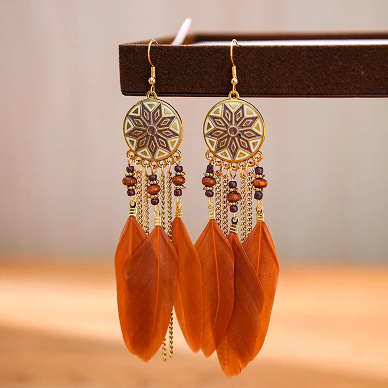Bohemian Brown Feather Earrings For Women Handmade Jewelry