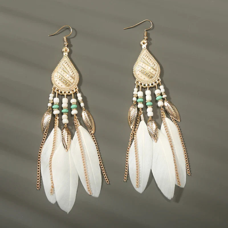 Boho Long Feather Dangle Earrings For Women Beach Beads