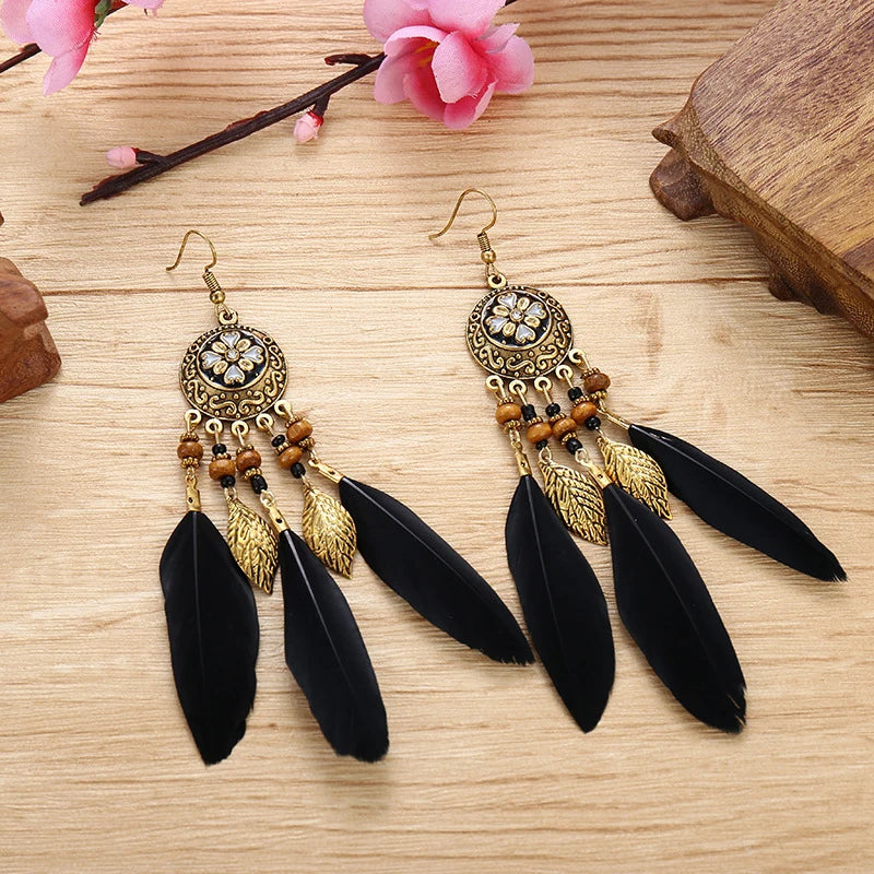 Bohemian Feather Tassel Earrings For Women Long Carved Leaf