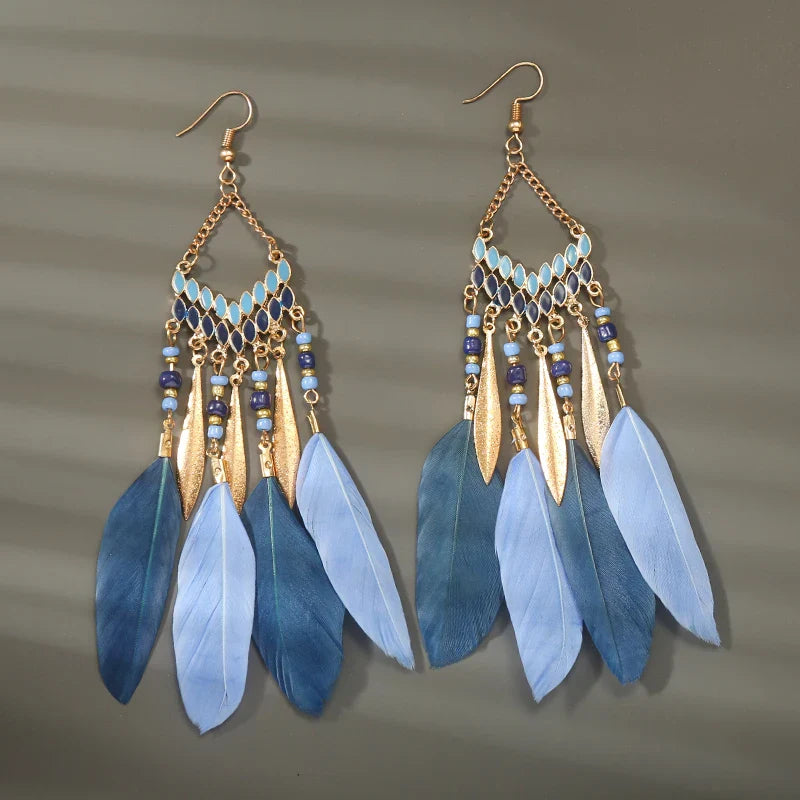 Boho Long Feather Dangle Earrings For Women Beach Beads