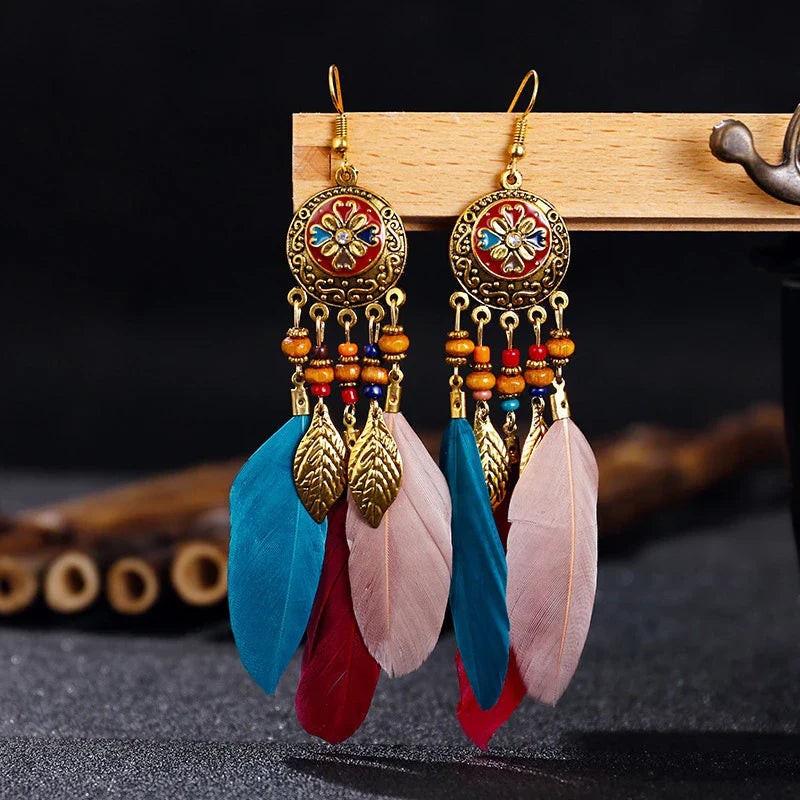 Bohemian Feather Tassel Earrings For Women Long Carved Leaf