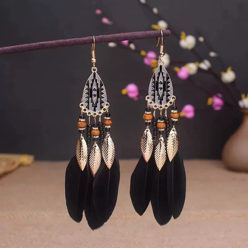 Boho Long Feather Dangle Earrings For Women Beach Beads