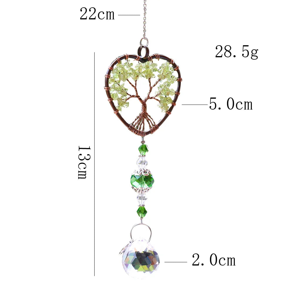 Green Quartz Heart Tree of Life Suncatcher – Healing Crystal Car & Window Charm