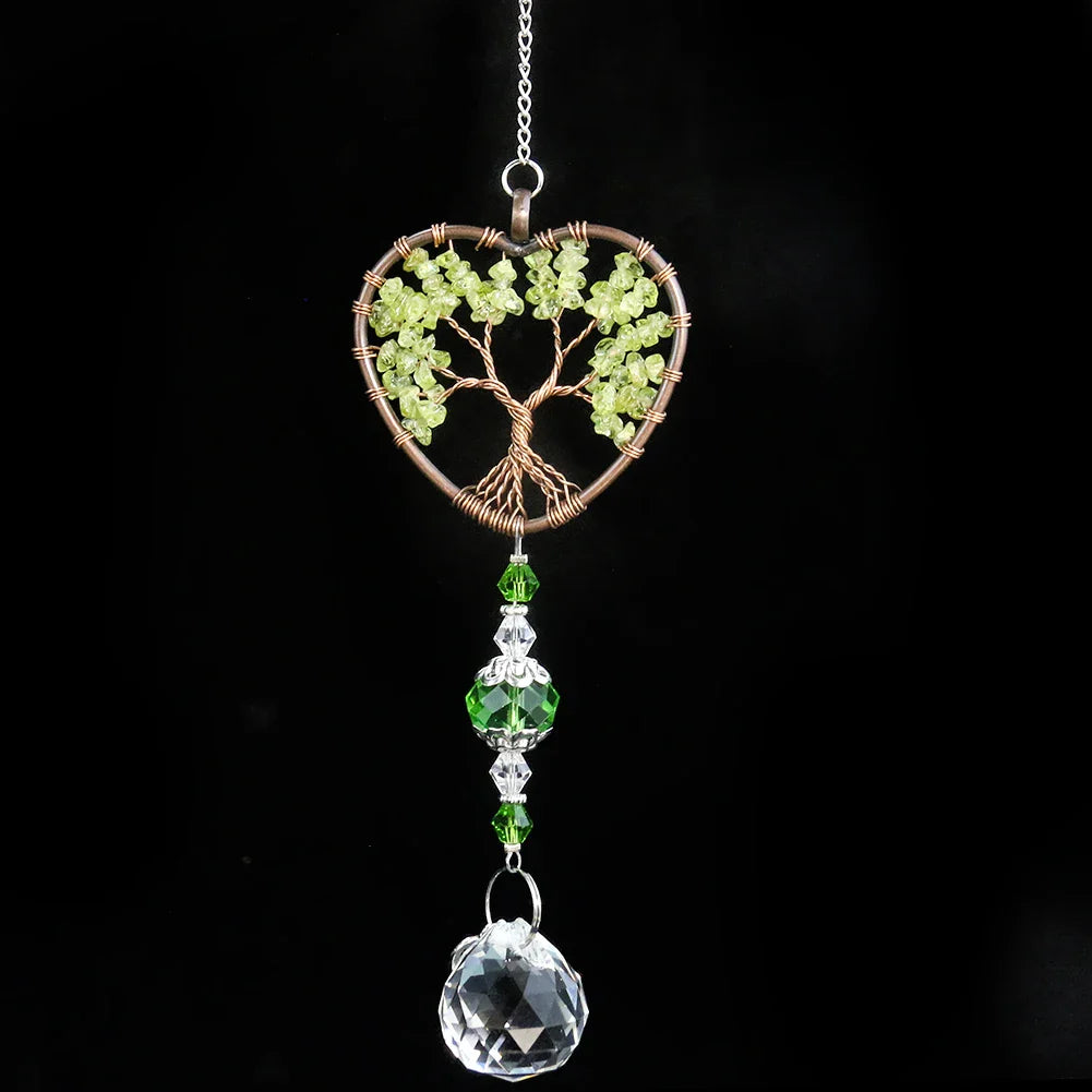Green Quartz Heart Tree of Life Suncatcher – Healing Crystal Car & Window Charm