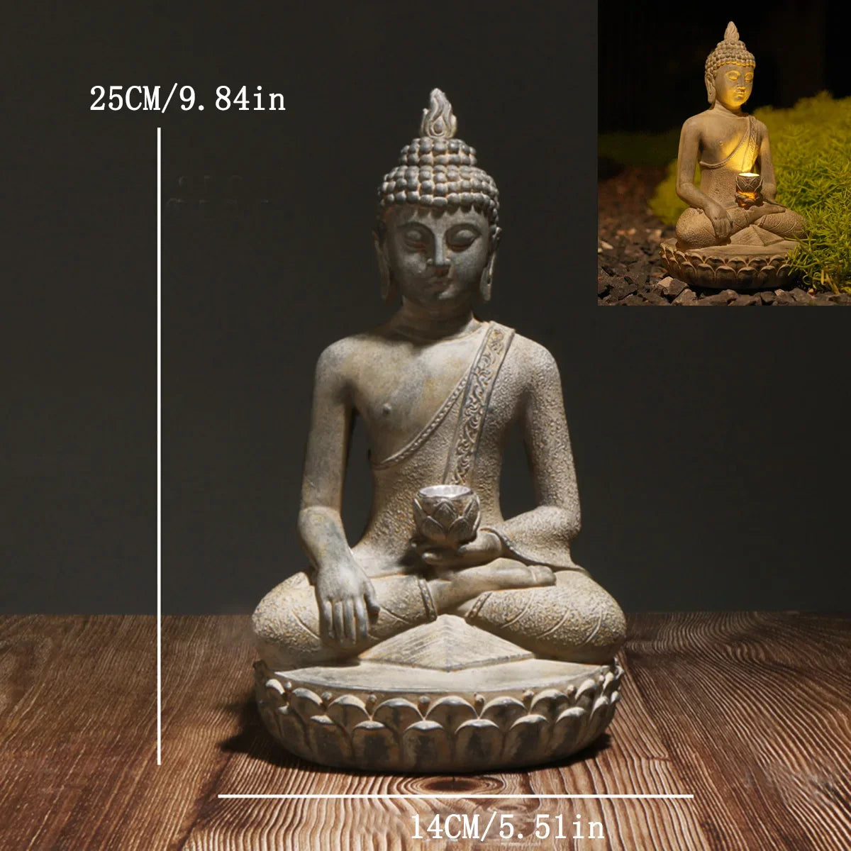 Zen Inspired Solar Buddha Statue With Light Resin Decor
