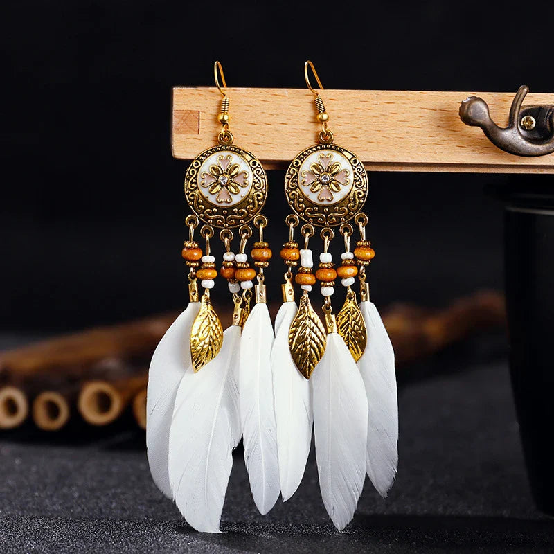 Bohemian Feather Tassel Earrings For Women Long Carved Leaf