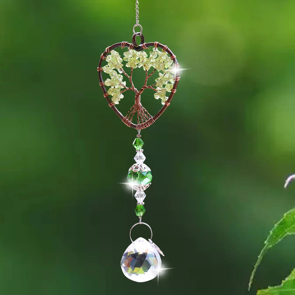 Green Quartz Heart Tree of Life Suncatcher – Healing Crystal Car & Window Charm
