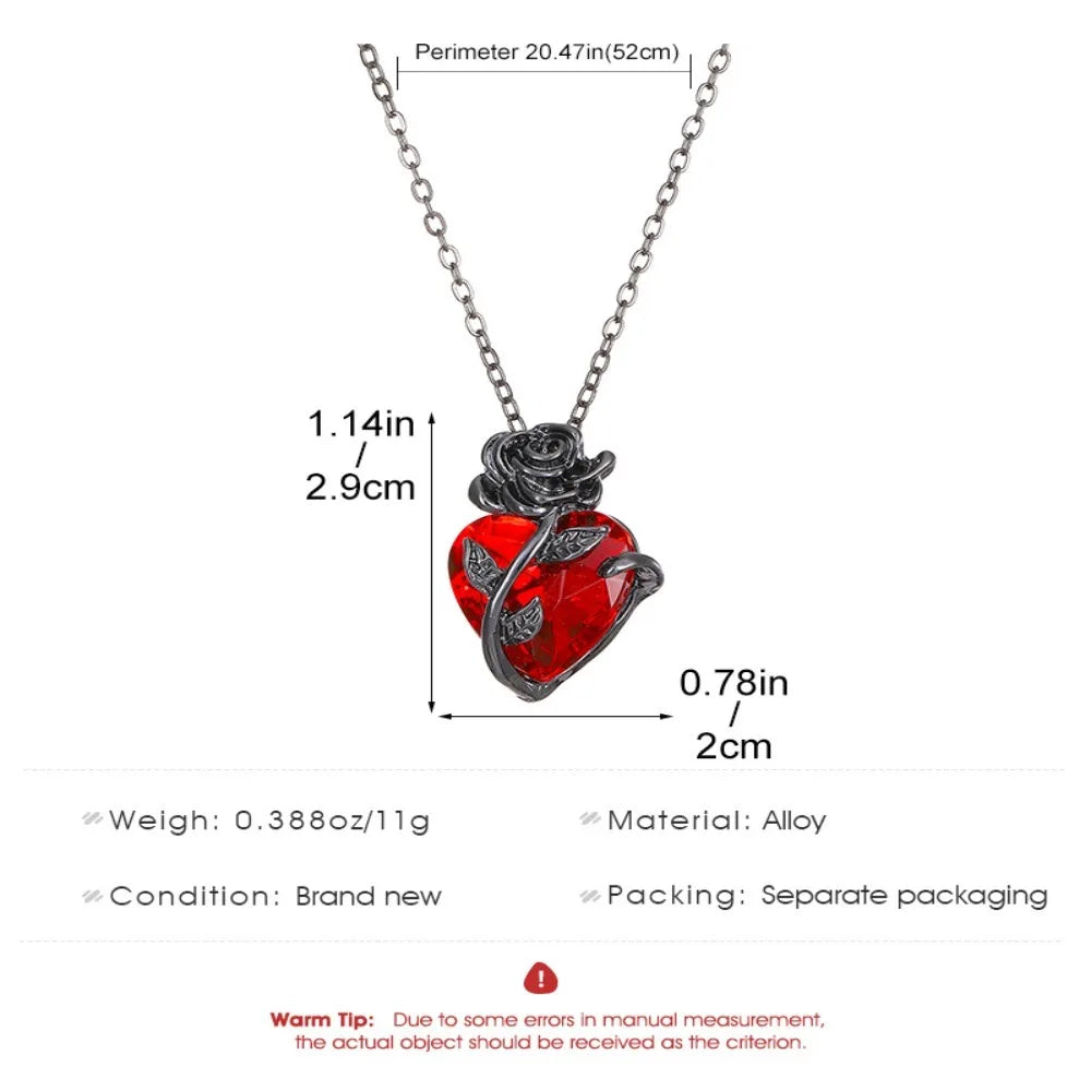 Gothic Rose Red Love Necklace Y2K Grunge Heart Pendant