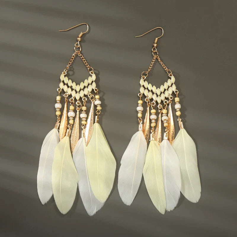 Boho Long Feather Dangle Earrings For Women Beach Beads