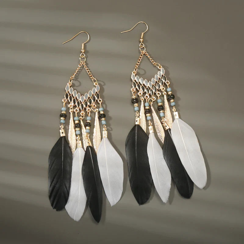 Boho Long Feather Dangle Earrings For Women Beach Beads