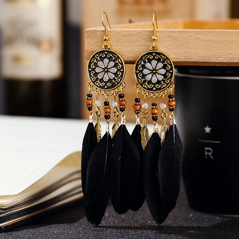 Boho Long Feather Dangle Earrings For Women Beach Beads