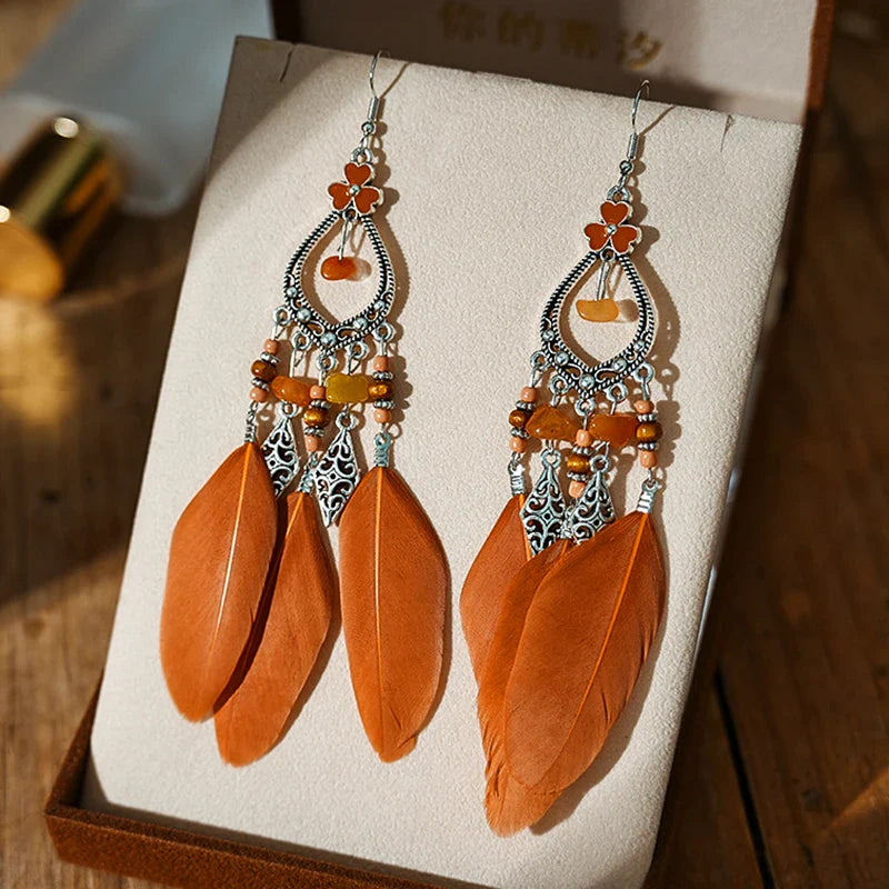 Bohemian Brown Feather Earrings For Women Handmade Jewelry