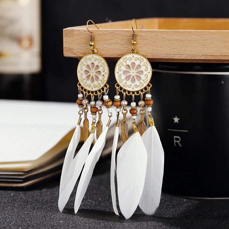 Boho Long Feather Dangle Earrings For Women Beach Beads