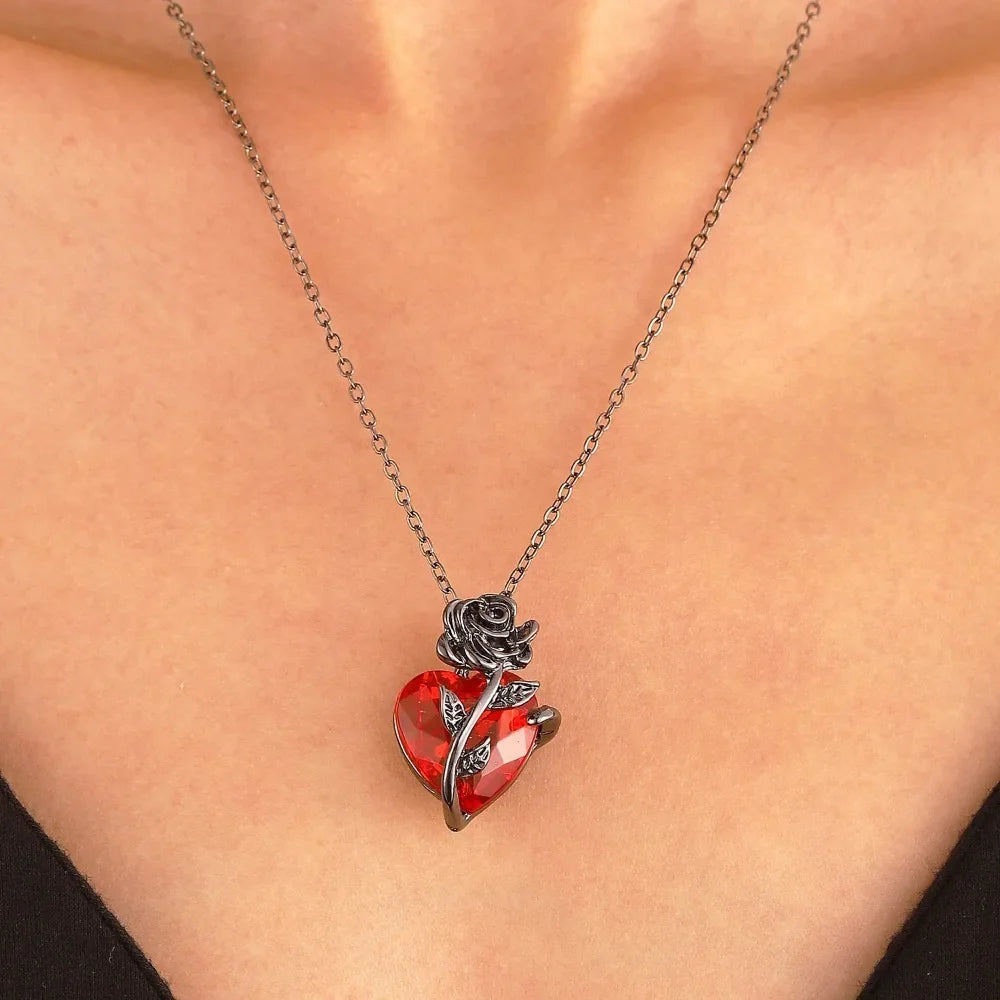 Gothic Rose Red Love Necklace Y2K Grunge Heart Pendant