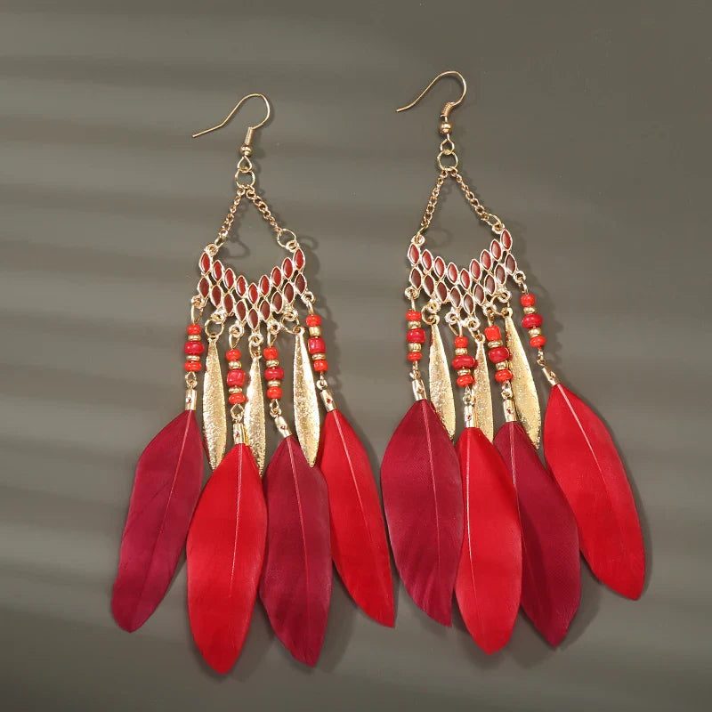 Boho Long Feather Dangle Earrings For Women Beach Beads