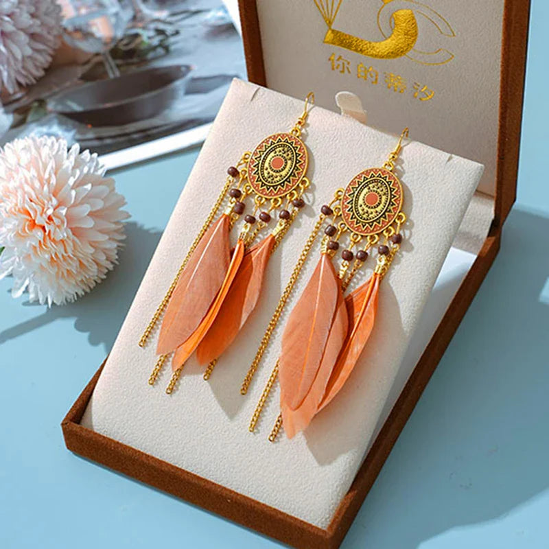 Bohemian Brown Feather Earrings For Women Handmade Jewelry
