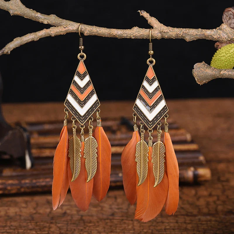 Bohemian Brown Feather Earrings For Women Handmade Jewelry