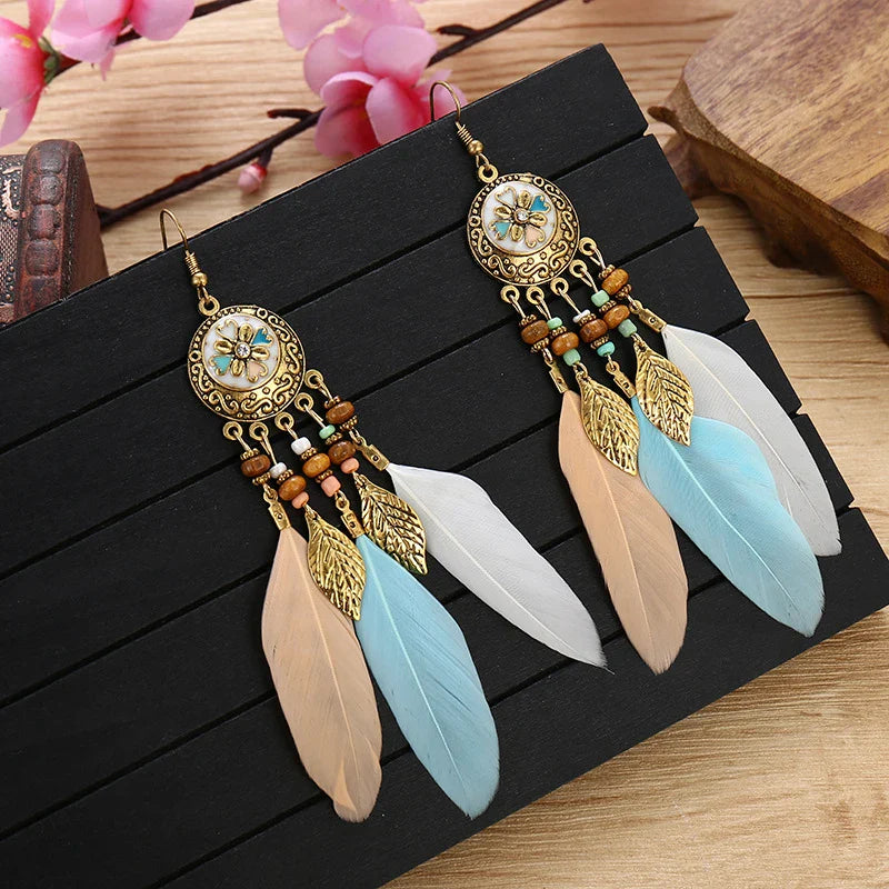 Bohemian Feather Tassel Earrings For Women Long Carved Leaf