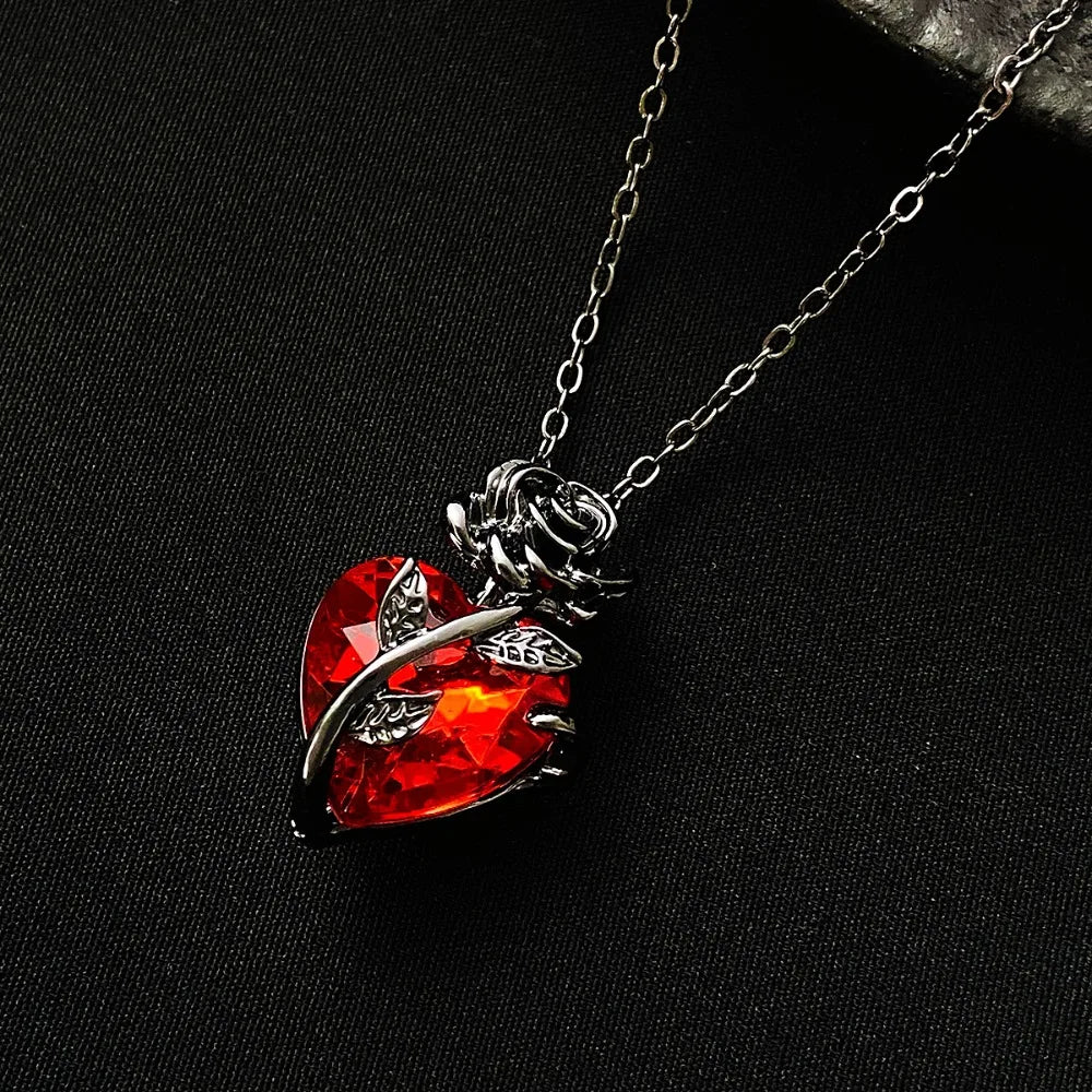 Gothic Rose Red Love Necklace Y2K Grunge Heart Pendant
