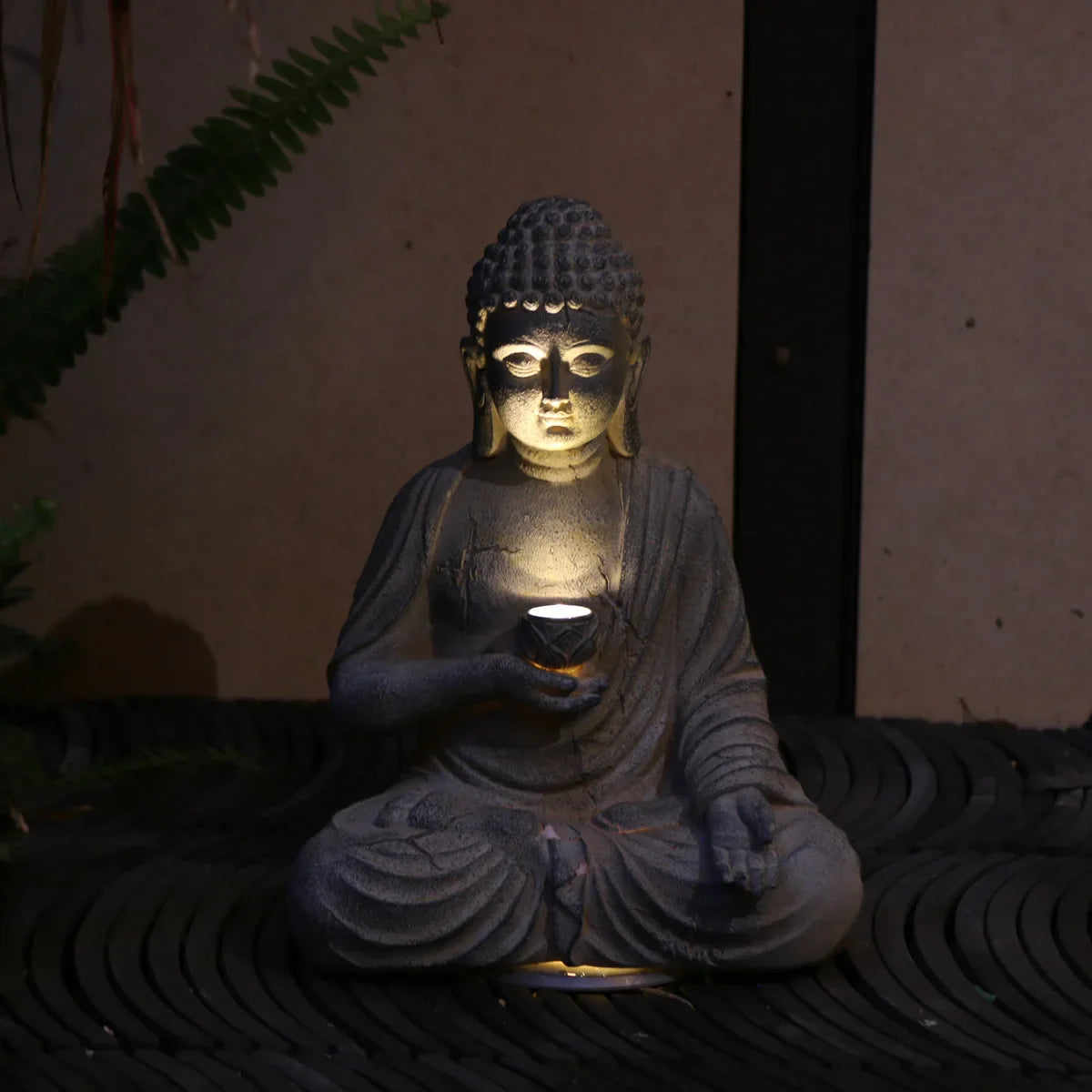 Zen Inspired Solar Buddha Statue With Light Resin Decor