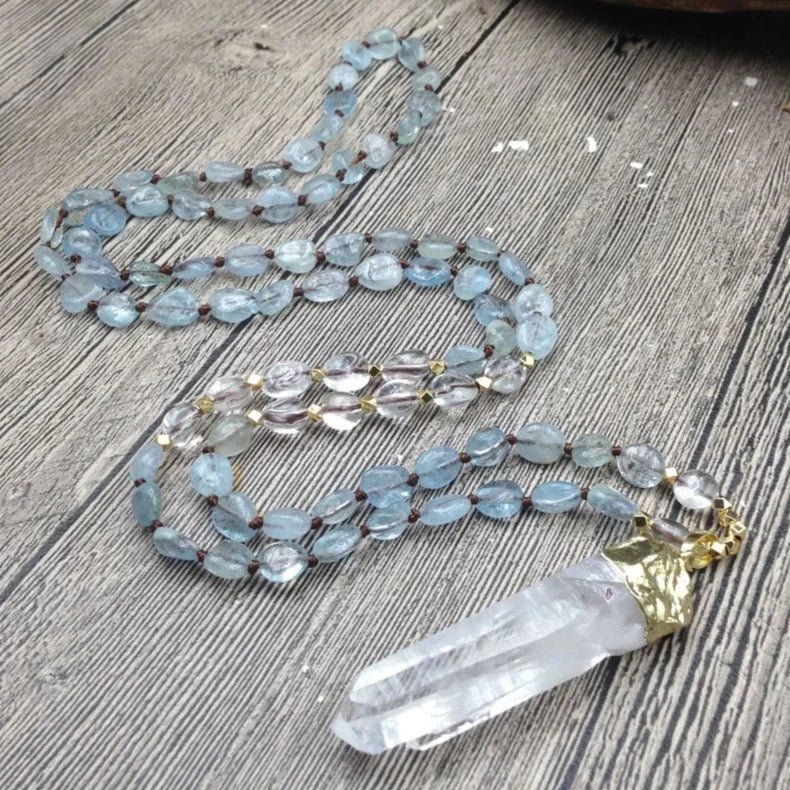Natural Aquamarine & Clear Quartz Gemstone Necklace™