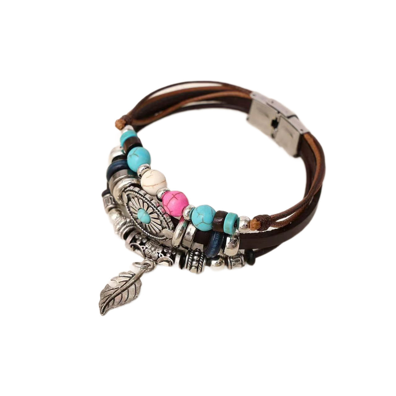 Turquoise Leaf Leather Bracelet - Calming Energy