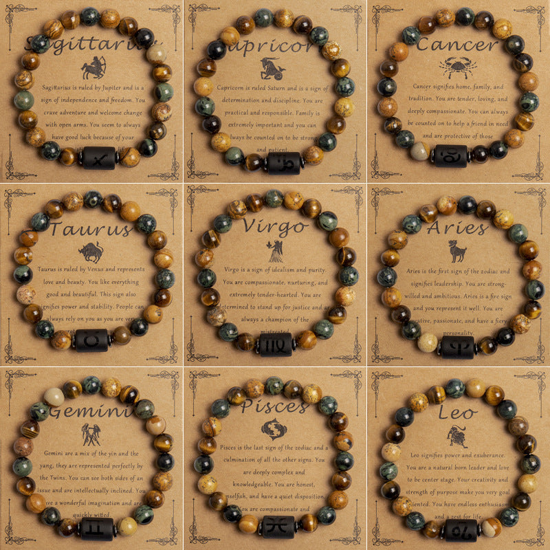 Tigereye Beaded Bracelet Twelve Constellation Zodiac Cards