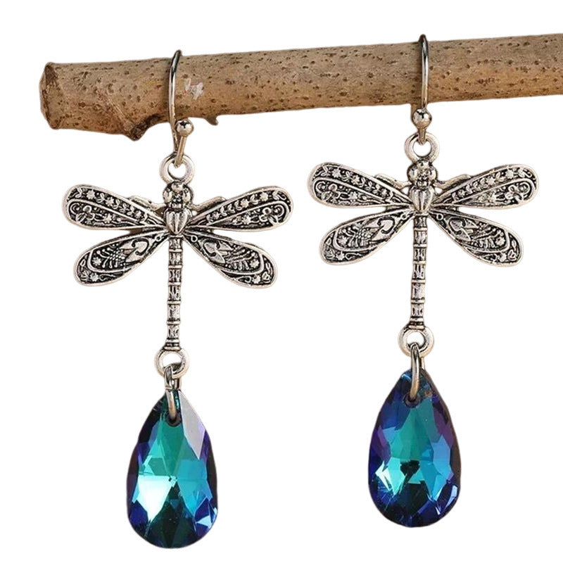 Engraved Dragonfly Sapphire Water Drop Earrings