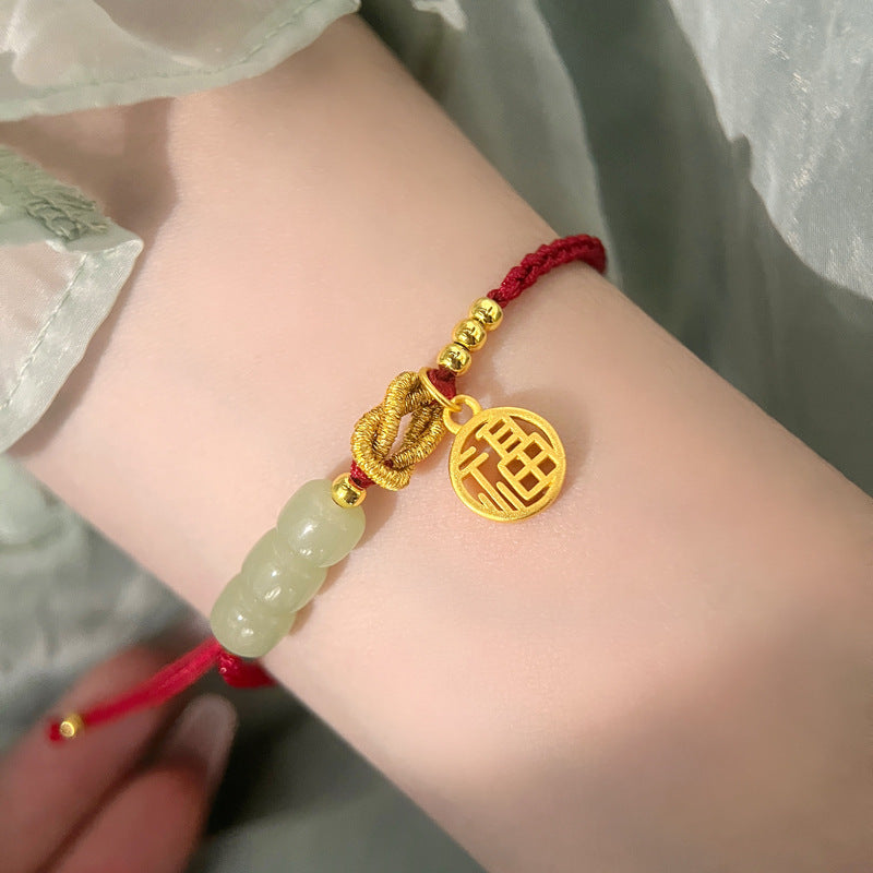 Alluvial Gold Jade Blessing Card Red Rope Bracelet Women